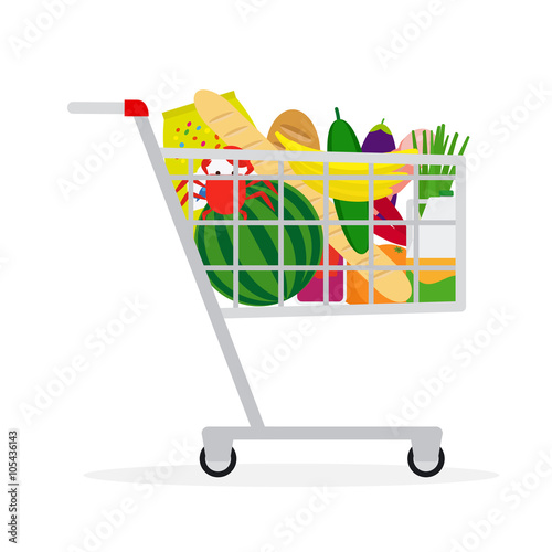 Shopping cart icon. Supermarket shopping cart in flat style with food. Vector illustration