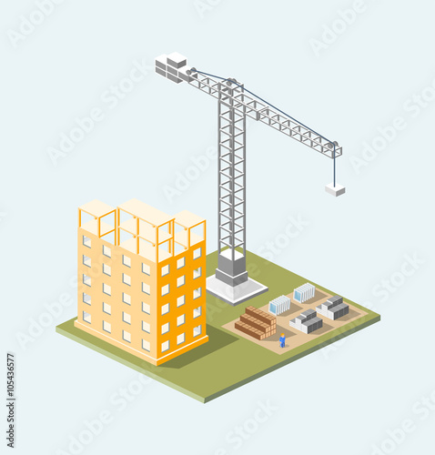 Industrial construction isometrics in the big city skyscrapers under construction, houses and buildings