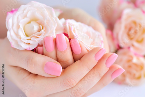 Cuadro en lienzo Manos de una mujer con la manicura de color rosa en las uñas y rosas