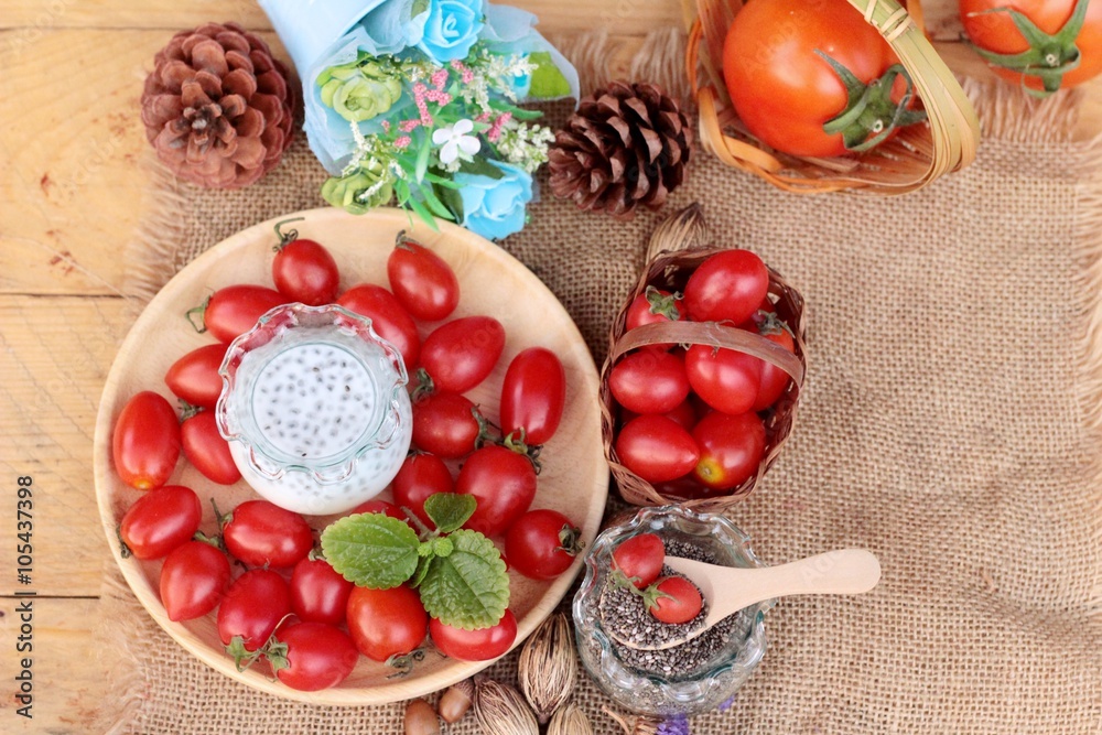 Chia seeds with milk and tomato delicious. Chia seeds with milk and tomato delicious.