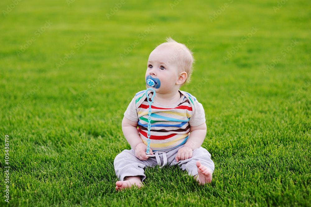 barefooted baby with a pacifier is sitting in the grass barefooted baby with a pacifier is sitting in the grass