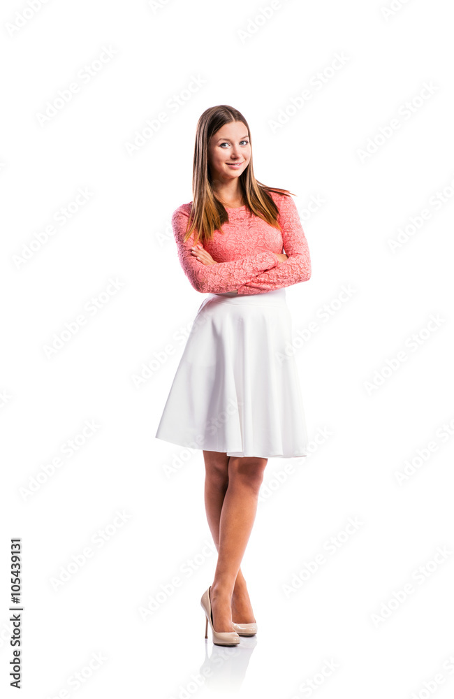 Girl, lace top, white skirt, heels, studio shot, isolated Girl, lace top, white skirt, heels, studio shot, isolated