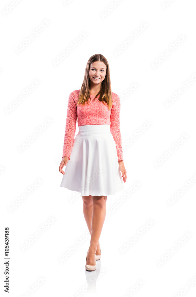 Girl, lace top, white skirt, heels, studio shot, isolated