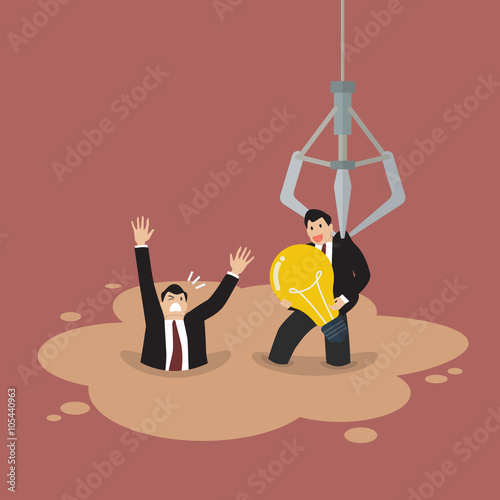 Robotic claw picking a businessman who has an idea from a quicks