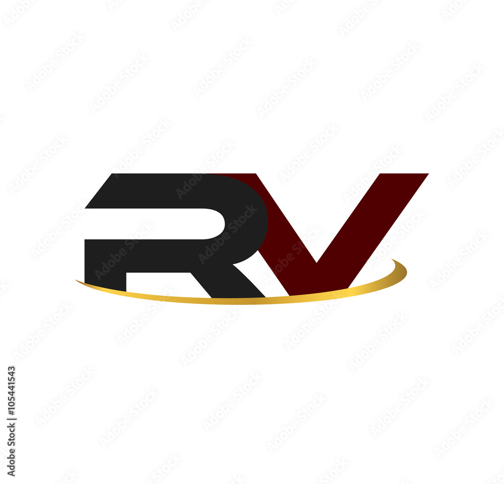RV alphabet in grey and red with golden curve RV alphabet in grey and red with golden curve
