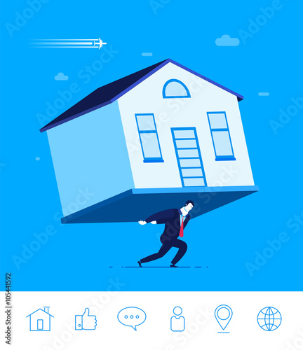 Vector business concept  illustration. Businessman holding a house