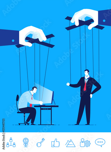 Vector business concept  illustration. Businessman and manager a puppet in the hands of others
