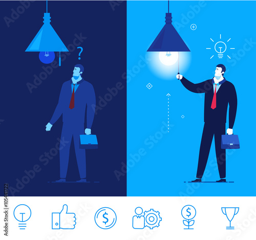 Vector business concept  illustration. Businessman in dark and light in the room. 