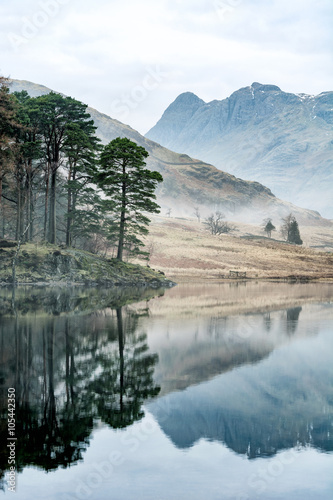 Tranquil spring morning at Blea Tarn with lingering mist and reflections of mountains and tree's in lake.