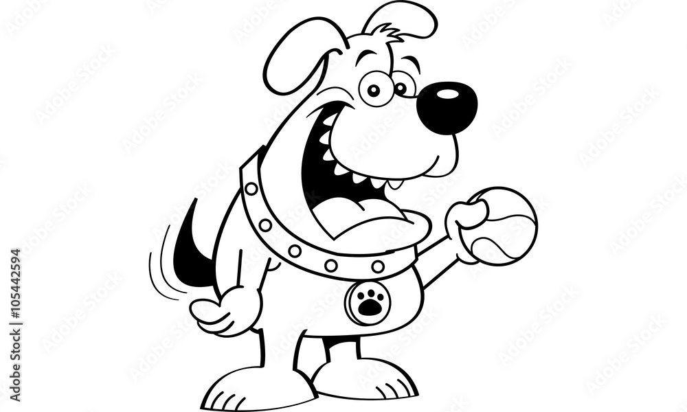 Black and white illustration of dog holding a ball. Black and white illustration of dog holding a ball.
