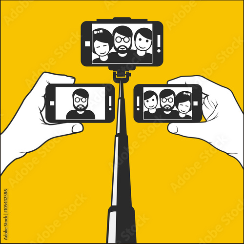 Taking selfie - hand hold monopod with mobile phone