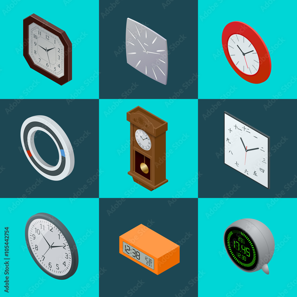 Set of elegant clocks. Pendulum clock, modern clock, Digital clock