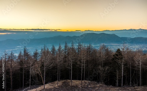 Natural landscape view of tree forest and mountain in the evening. The view is in Yamanashi prefectures  Japan.