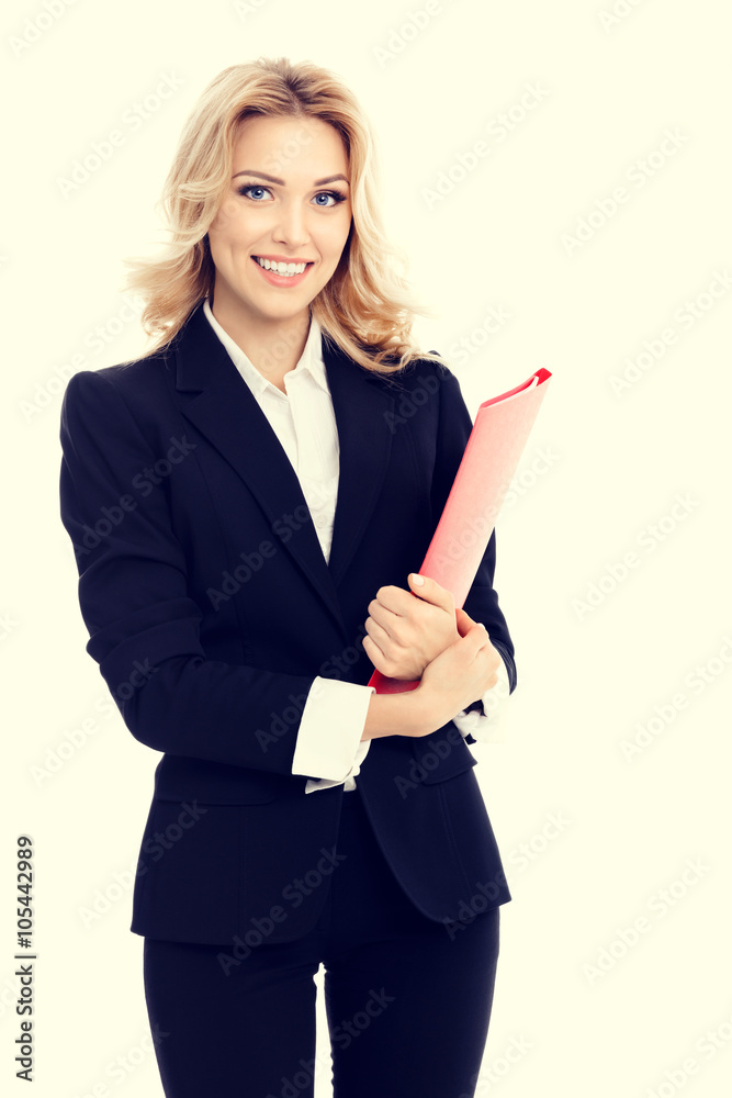 Young smiling businesswoman with red folder Young smiling businesswoman with red folder