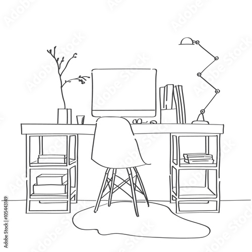 Hand drawn sketch of modern workspace with work table, designer chair, lamp, some books and magazines.Workspace hand dawn illustration. 