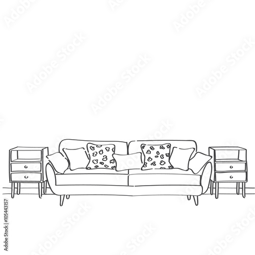 Hand drawn sketch of living room interior with a sofa, pillows and nightstands.