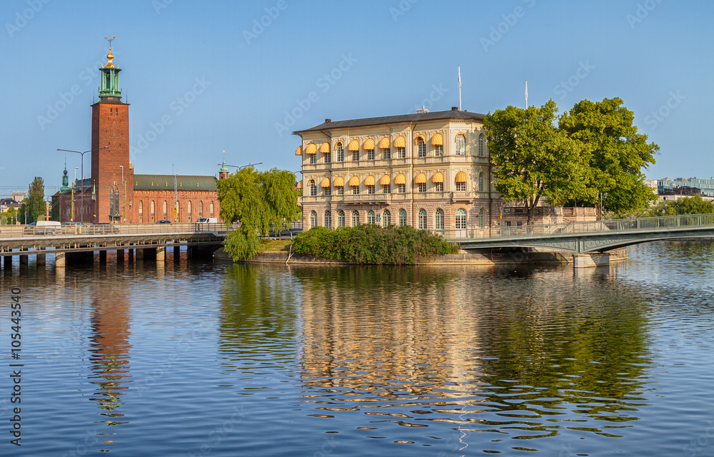 Stockholm city-hall and Stromsborg, famous landmarks in Stockholm, Sweden.