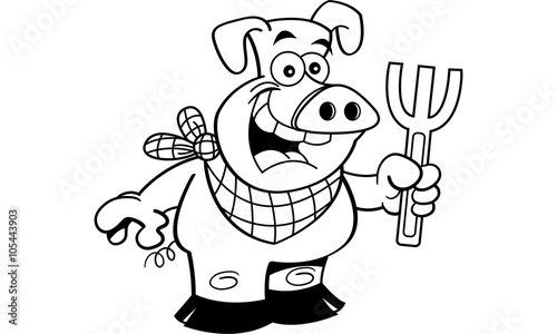Black and white illustration of a pig holding a fork.