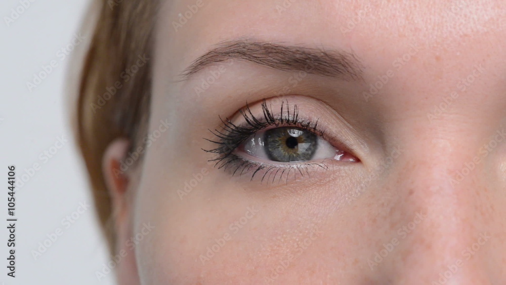 Closeup of female eye looking and blinking Closeup of female eye looking and blinking
