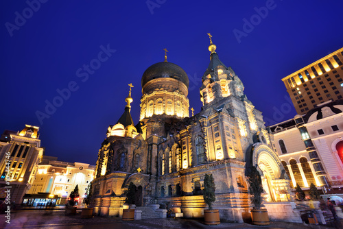 Saint Sophia Cathedral in Harbin at night,China.
