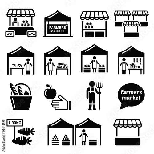 Farmers market, food market with fresh local produce icons set 