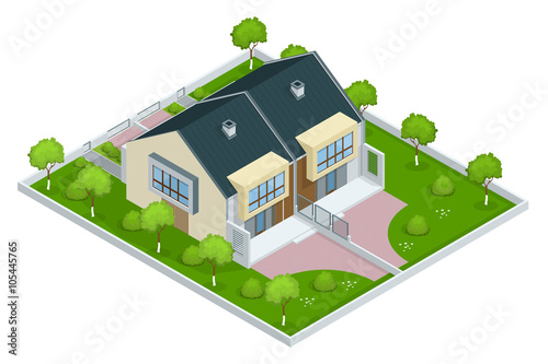 Modern townhouse flat 3d isometric vector illustration. A row of new townhous. Exterior townhouse. Villa view with garden. Townhouse illustration. Townhouse JPG. Townhouse icon. Villa icon