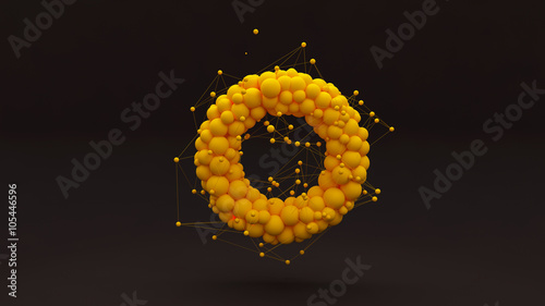 Stylish 3d abstract black background with balloons in the form of a torus (donut) and construction