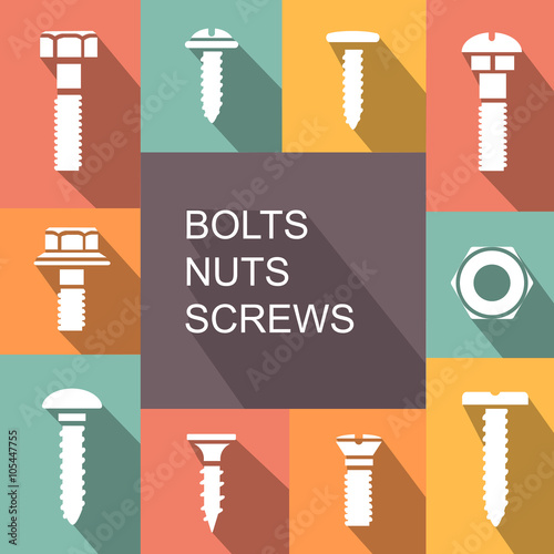 Bolts, nuts and screws colored icons vector