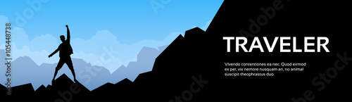 Traveler Man Silhouette Stand On Mountain Rock