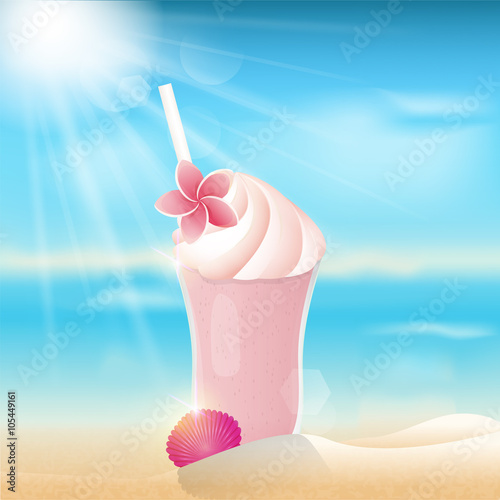 Milk shake on the beach. Summer background.