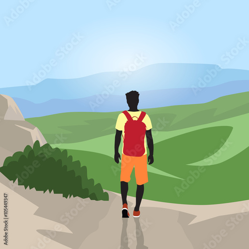 Traveler Man Silhouette Hiking Mountain Top Valley Rear View