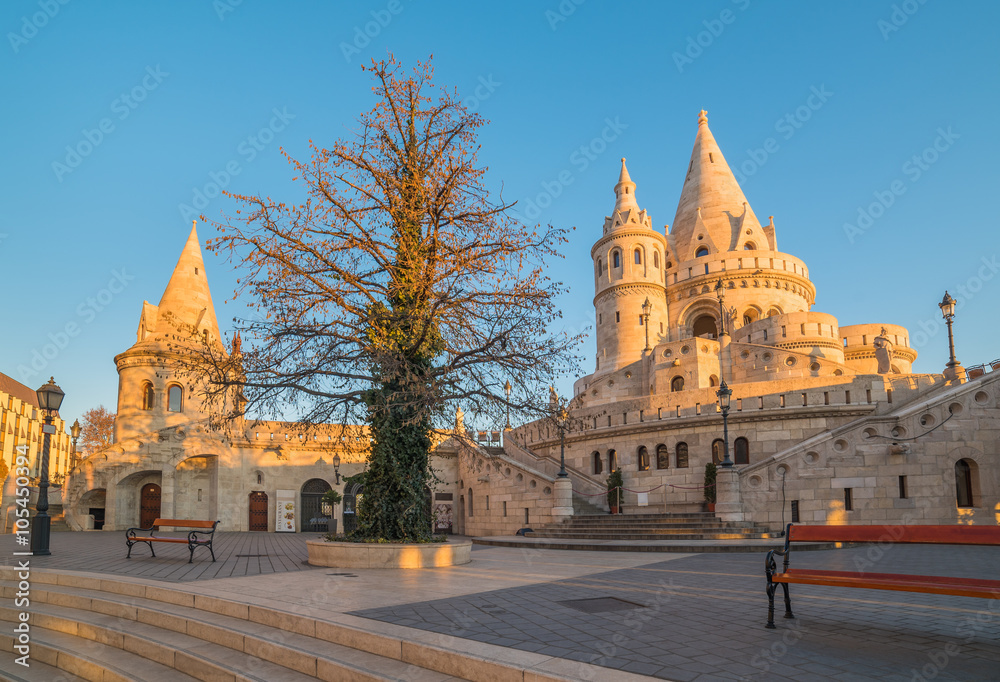 Fisherman's Bastion in Budapest, Hungary at Sunrise with Clear Blue Sky