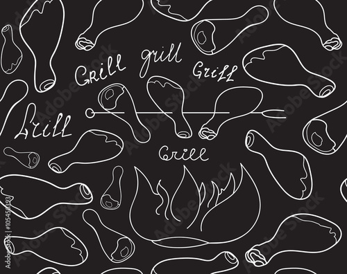 Food and drink vector seamless pattern with meat, chicken legs and words "Grill" handwritten by chalk on grey chalkboard. Endless vector texture