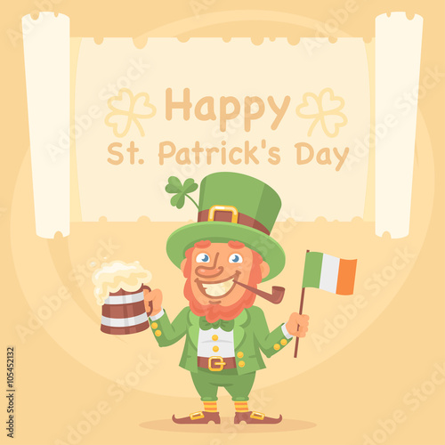 St. Patrick Holds Mug of Beer and Flag