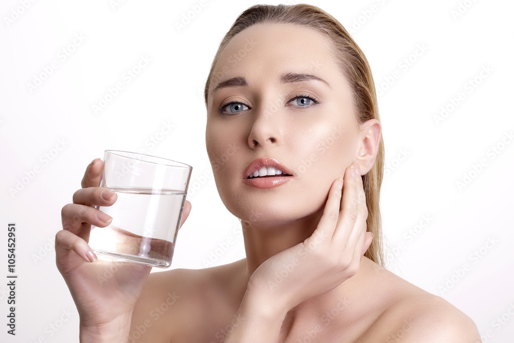 young beautiful woman drinking fresh water on white young beautiful woman drinking fresh water on white