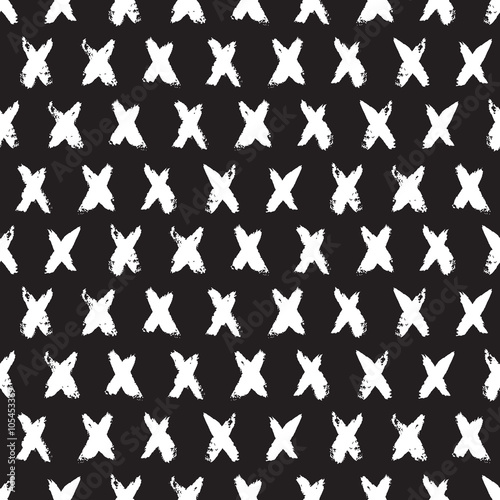 Seamless cross lines pattern. Hand drawn brush marks on black background