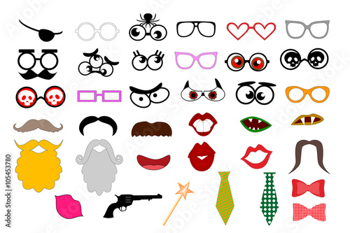 Photo booth props template for party. Elements for party props. (mustaches, lips, eyeglasses, beard, tie silhouettes and design elements for party props isolated on white background)