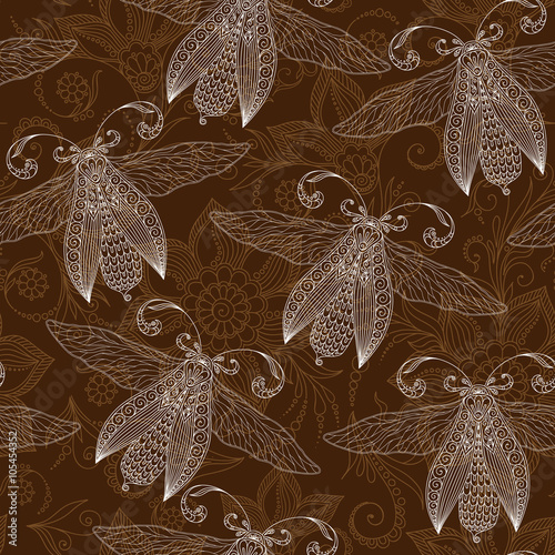 Night creatures seamless pattern with moths and fireflies.
