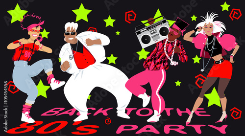 Group of people dressed in 1980s fashion dancing, EPS 8 vector illustration