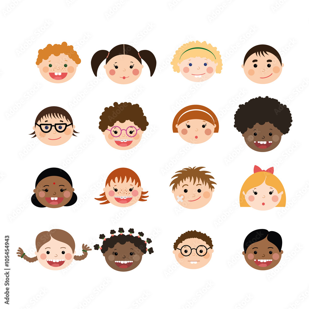 Vector set of children smiling faces. Children with different skin color, boys and girls with hairstyles, glasses, braces. Vector set of children smiling faces. Children with different skin color, boys and girls with hairstyles, glasses, braces.