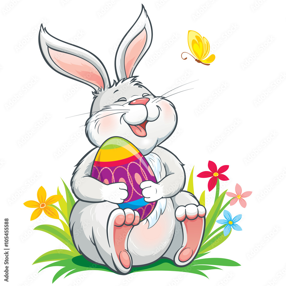 Fototapeta premium Vector illustration with lovely laughing bunny sitting on grass and holding painted easter egg.