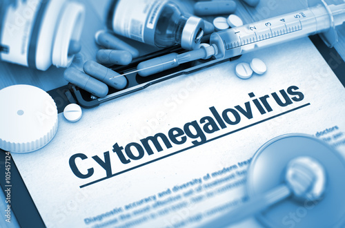 Cytomegalovirus - Medical Report with Composition of Medicaments - Pills, Injections and Syringe. 3D Render. Toned Image. photo