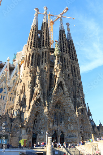 Basilica church Sagrada Familia with Nativity facade in Barcelona, Spain