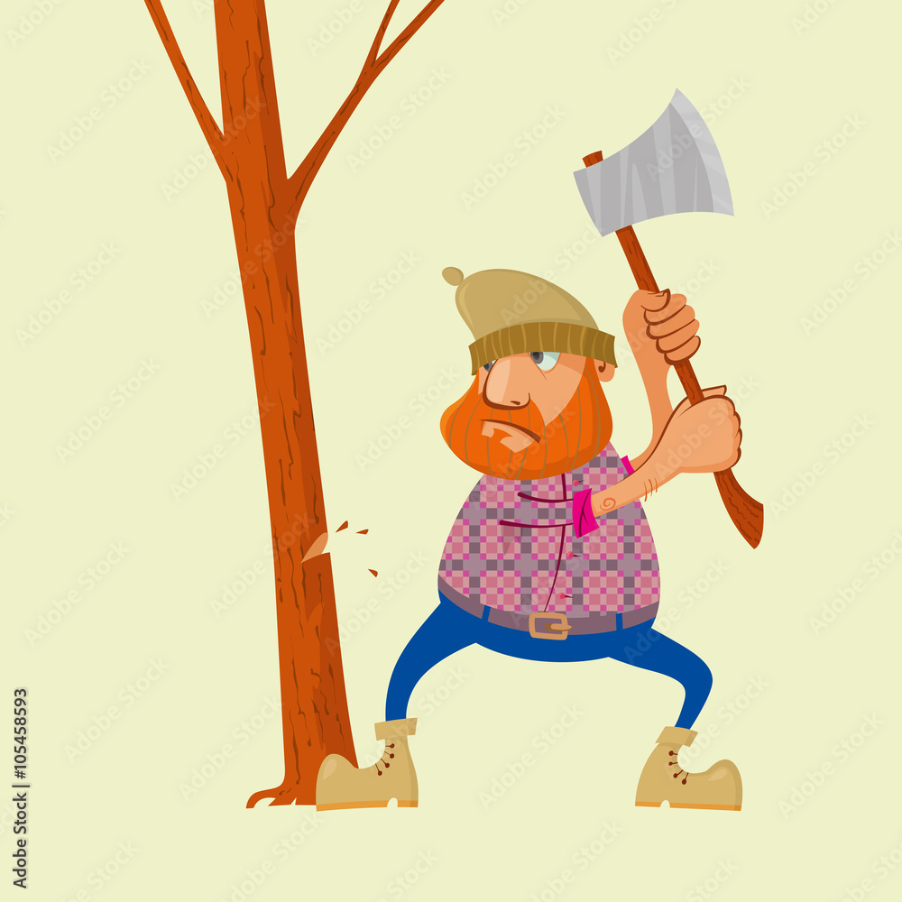 Lumberjack with an ax chopping wood, vector cartoon character Stock Vector  | Adobe Stock