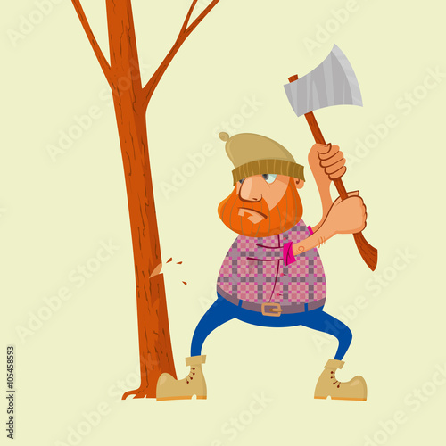 Lumberjack with an ax chopping wood, vector cartoon character