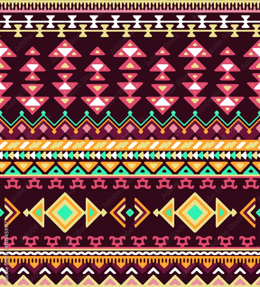 Seamless stylized stripes pattern with aztec ethnic and tribal ornament. Vector bright colors boho fashion illustration.