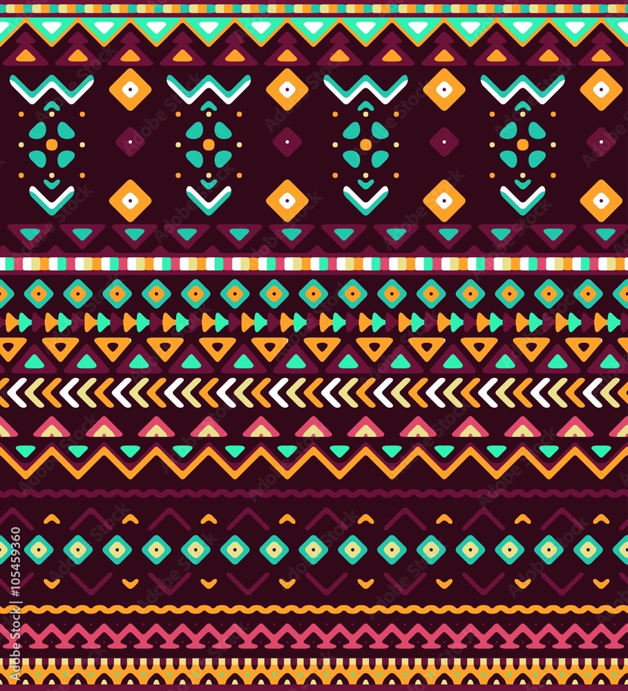 Seamless stylized stripes pattern with aztec ethnic and tribal ornament. Vector bright colors boho fashion illustration. Seamless stylized stripes pattern with aztec ethnic and tribal ornament. Vector bright colors boho fashion illustration.