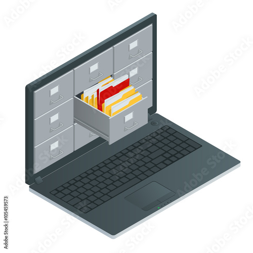 File cabinets inside the screen of laptop computer. Laptop and file cabinet. Data storage 3d isometric illustration. File cabinets concept. File cabinets vector. Laptop computer isometric. 