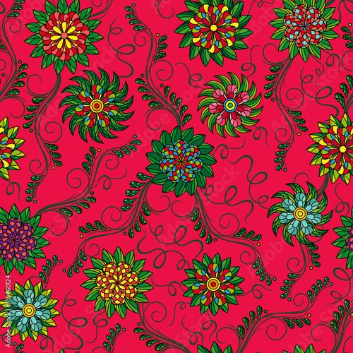 Seamless pattern with flowers over red