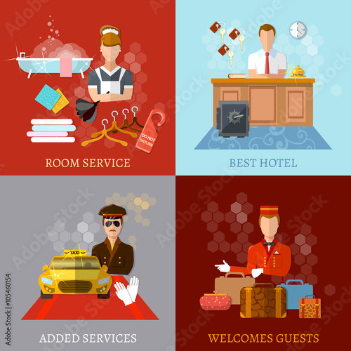 Hotel service set reception reservation cleaning concierge